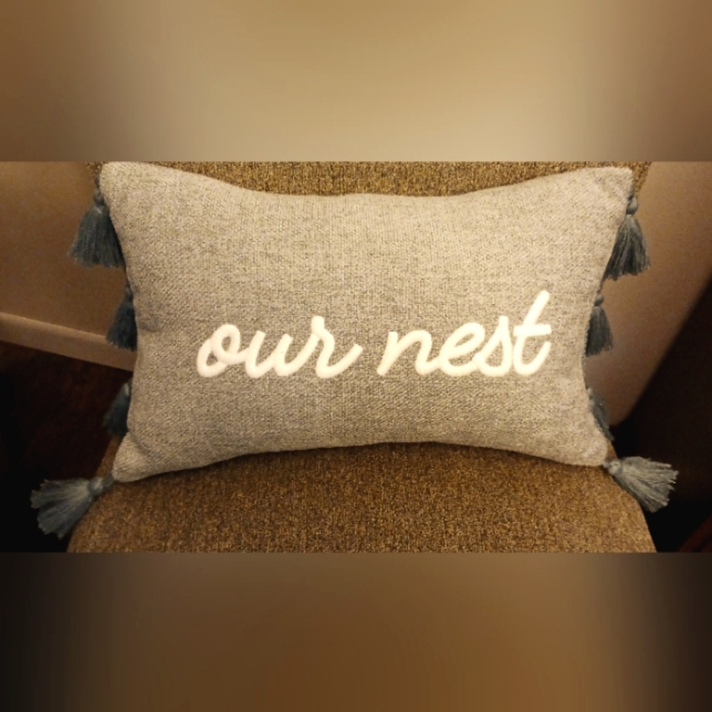 Decor Throw Pillow, Teal/Sage Green in color, 15" x 9", 4 tassels on each side